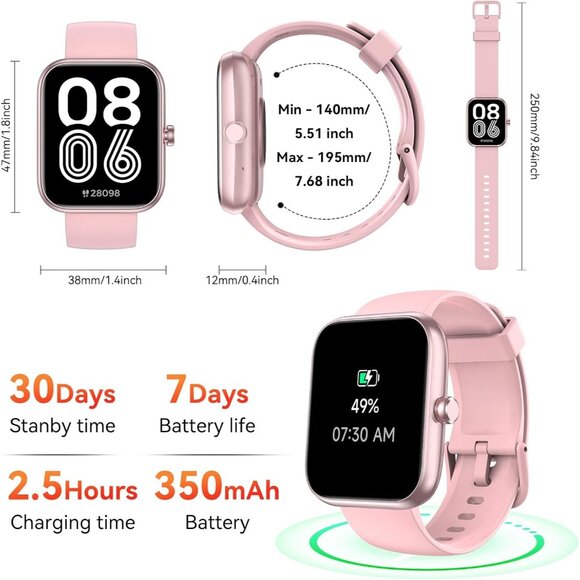 Pink Smart Watch for Men Women Heart Rate Sleep Tracker for iPhone Android - Picture 7 of 7